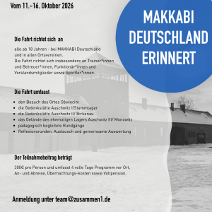 Flyer zur Gedenkstättenfahrt von Zusammen1, what matters gGmbH und Makkabi Deutschland vom 11.-16. Oktober 2026