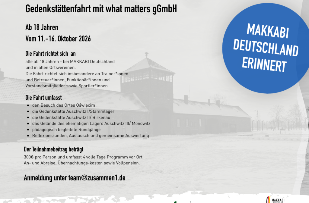 Flyer zur Gedenkstättenfahrt von Zusammen1, what matters gGmbH und Makkabi Deutschland vom 11.-16. Oktober 2026